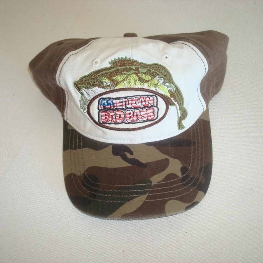 AMERICAN BAD BASS FISHING CAMO HAT CAP VINTAGE OOS Y2K P4